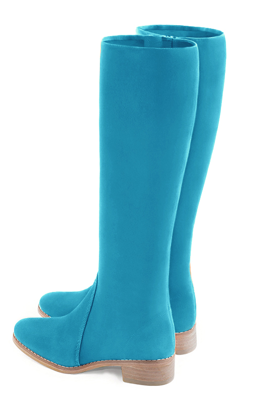 Turquoise blue women's riding knee-high boots. Round toe. Low leather soles. Made to measure. Rear view - Florence KOOIJMAN